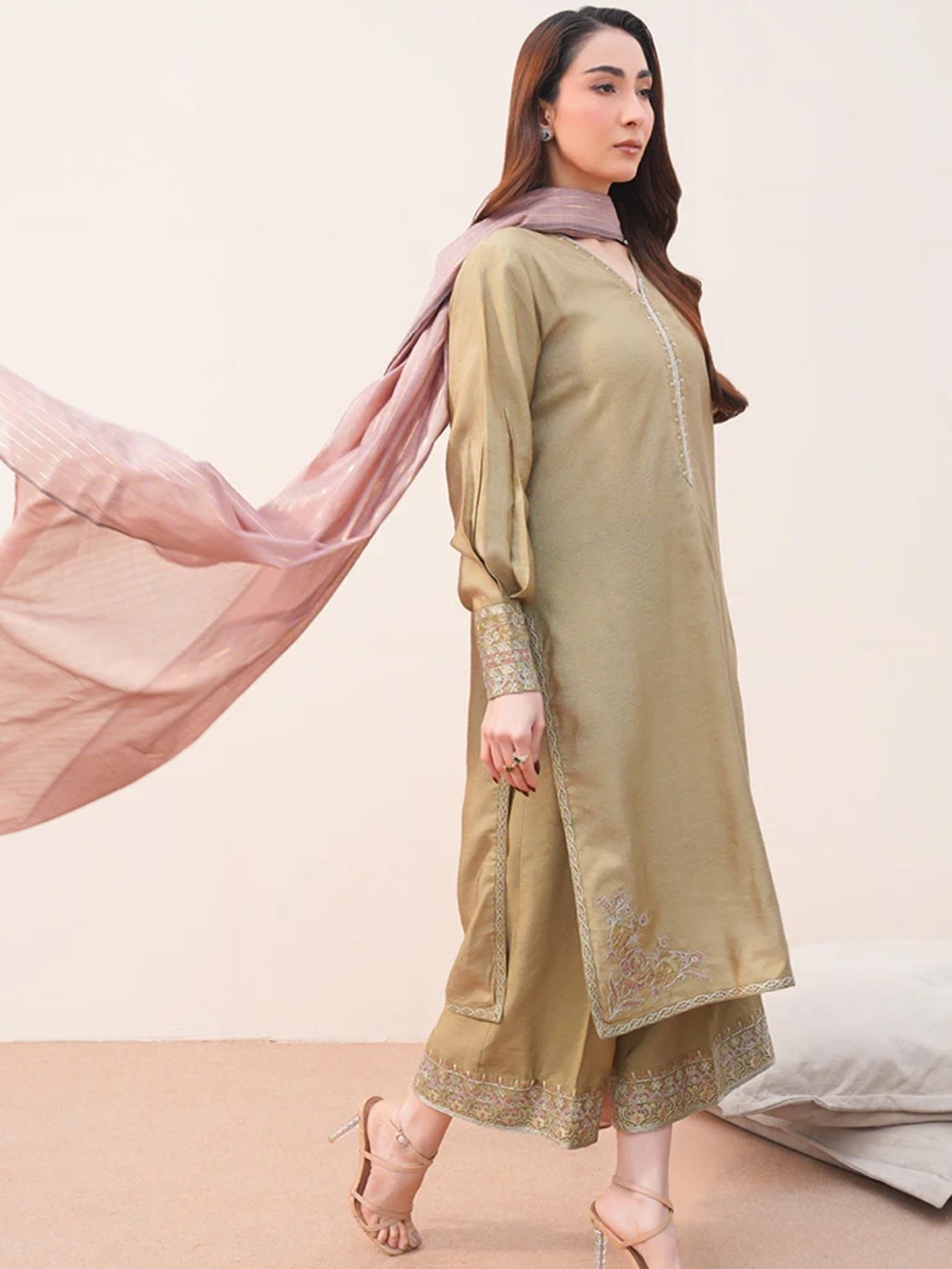 Olive Green Embroidered Pakistani Suit with Dusty Rose Dupatta